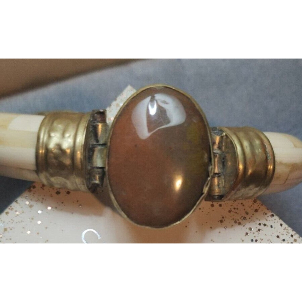Vintage Bone and AGATE Stone INDIAN Ethnic Cuff Bracelet Wood Bone Horn Brass